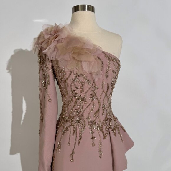 Brand New US 6 Tony Ward One Shoulder Evening Gown with Gold Beading - Picture 5 of 7